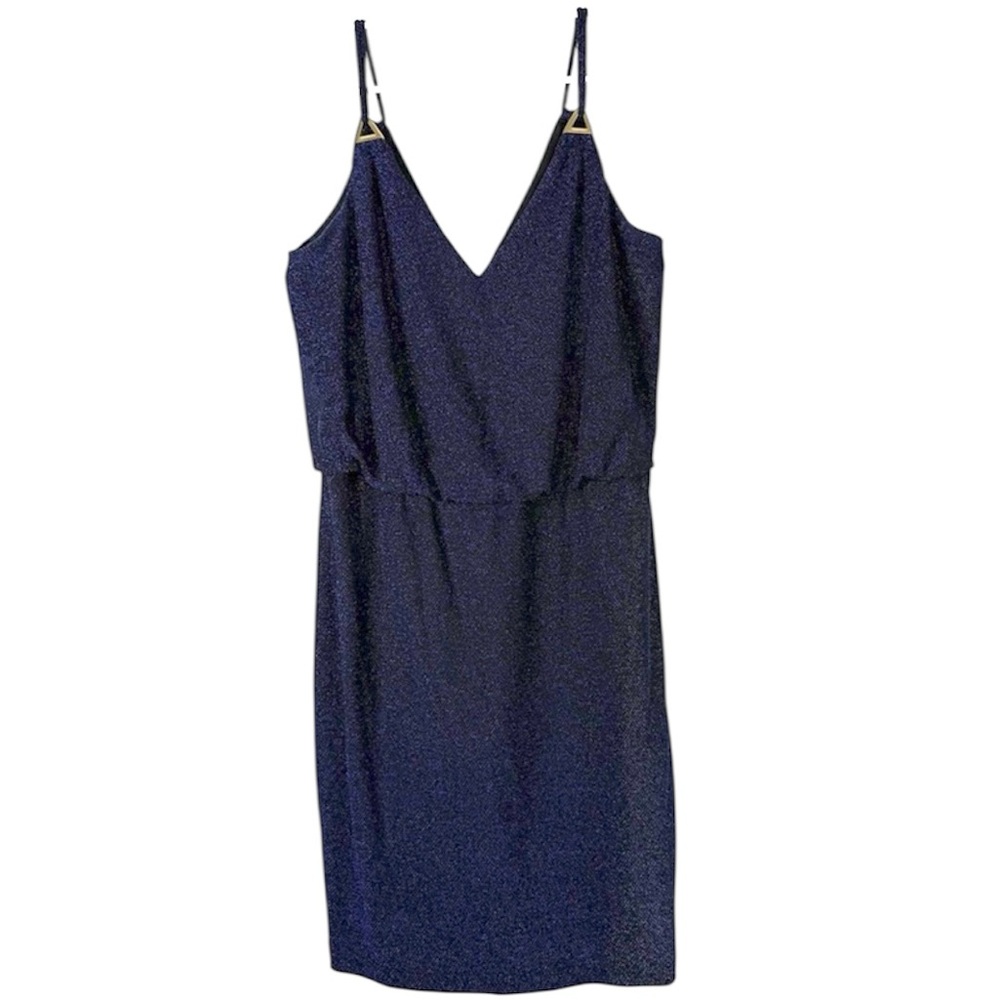 Calvin Klein Navy Shimmer Cocktail Dress Size 12 Metallic V-Neck Sleeveless